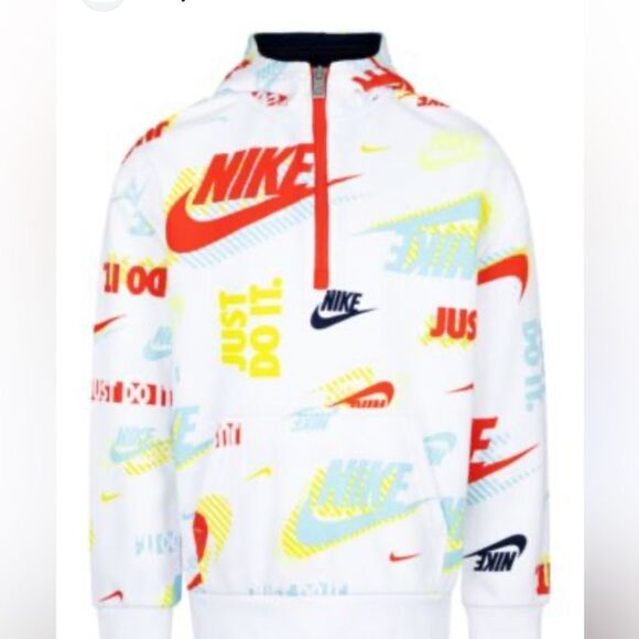 Nike Boys Active "Just Do It" LS Pullover Hooded 1/4 Zip Sweatshirt White - Picture 3 of 15